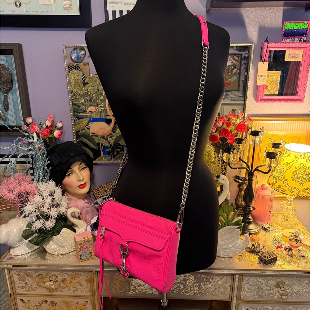 Rebecca Minkoff Mini M.A.C Electric Pink Leather Crossbody Bag Purse Chain Strap - Picture 3 of 17